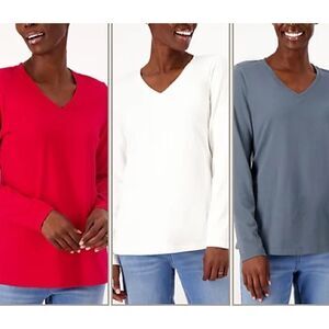 Denim & Co. Essentials 3-Pack Perfect Jersey Long Slv V-Neck Tops